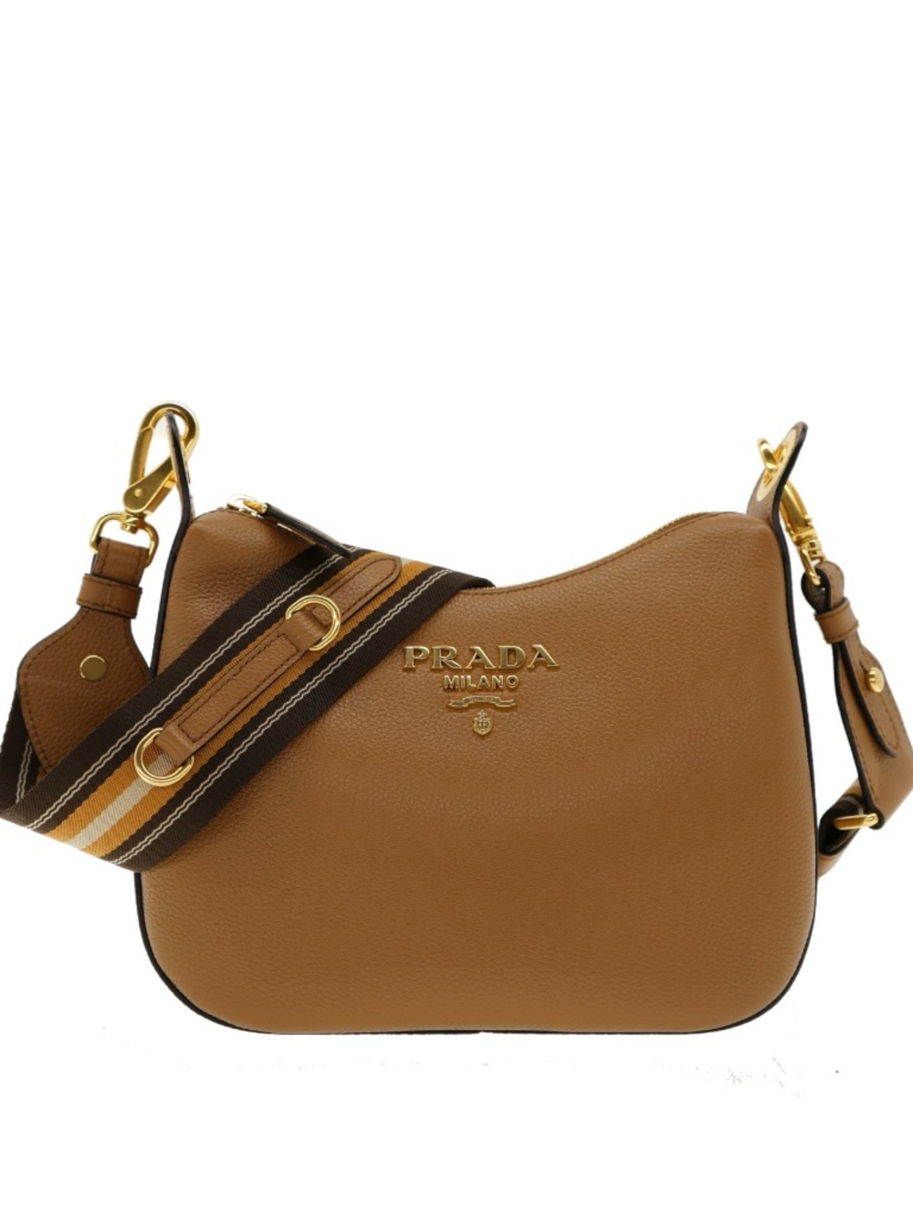 Prada Hobo Shoulder Bag Guitar Strap Caramel Leather 1BC180 New